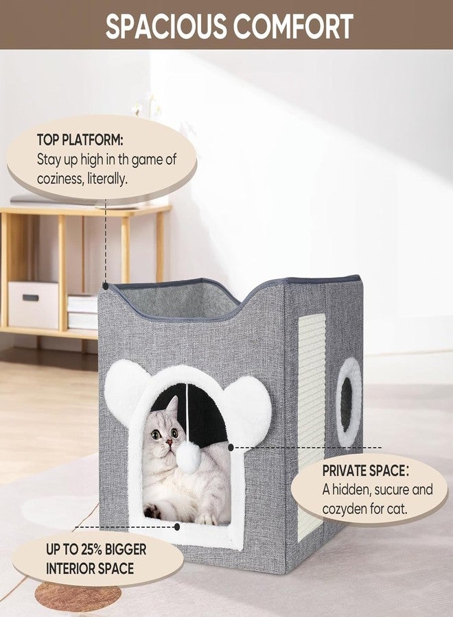 ARJEX Foldable Cat House 2 Layers, Cat Beds for Indoor Cats - Large Cat Cave for Pet Cat House with Fluffy Ball Hanging and Scratch Pad, Foldable Hideaway, 40x40x40 CM - Image 3